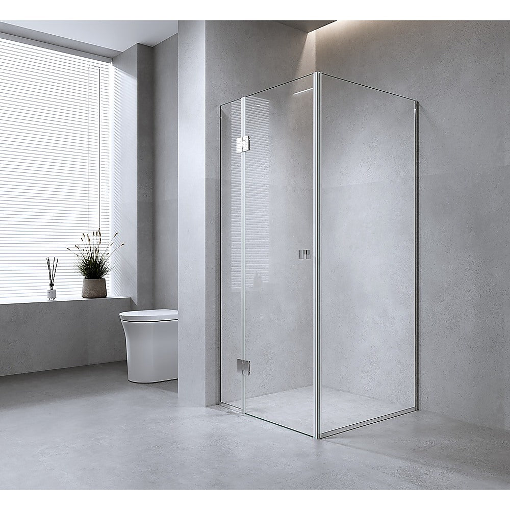 120x80cm Gunmetal Corner Frameless Shower Screen with Wall Channel Brackets, Stainless Steel Hinges & Square Knob Handle