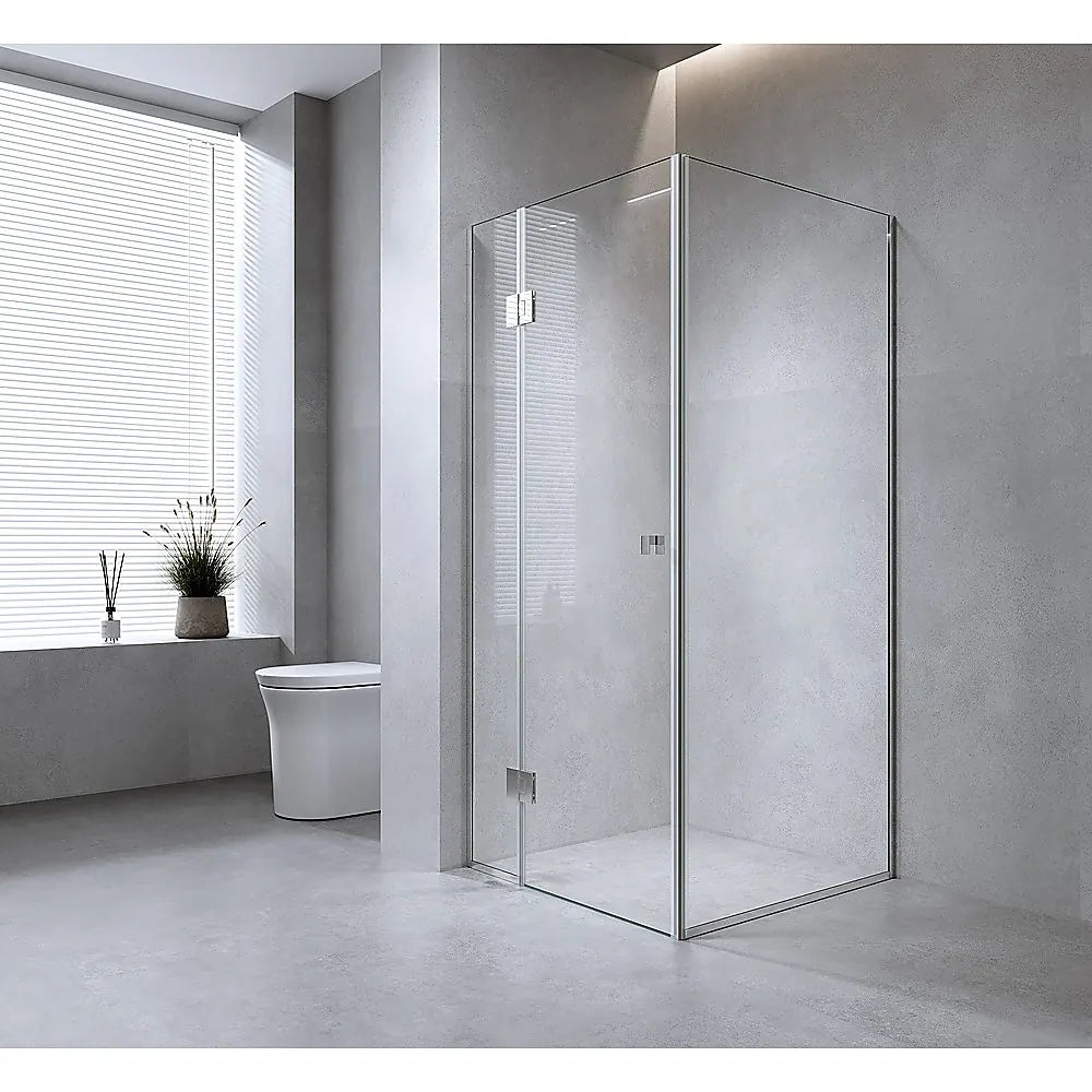 100x100cm Black Corner Frameless Shower Screen with Wall Channel Brackets, Stainless Steel Hinges & Square Double Pull Handle