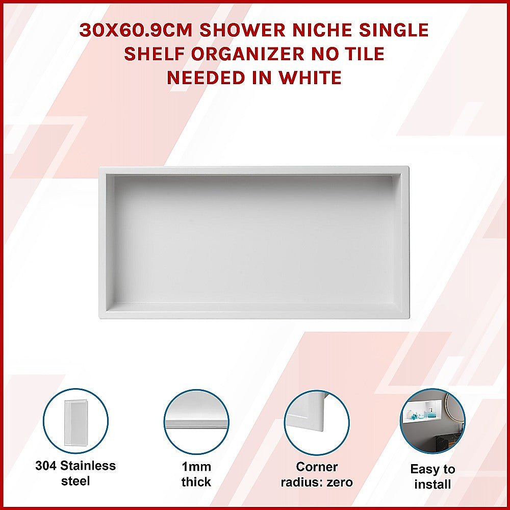 641 x 336 x 101mm Shower Niche Single Shelf Organizer No Tile Needed in White - Image 3