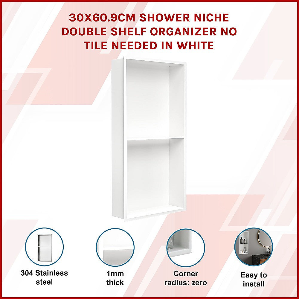 641 x 336 x 101mm Shower Niche Double Shelf Organizer No Tile Needed in White - Image 2