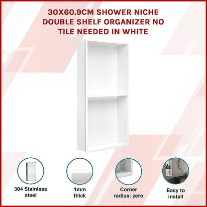 641 x 336 x 101mm Shower Niche Double Shelf Organizer No Tile Needed in White - Image 2