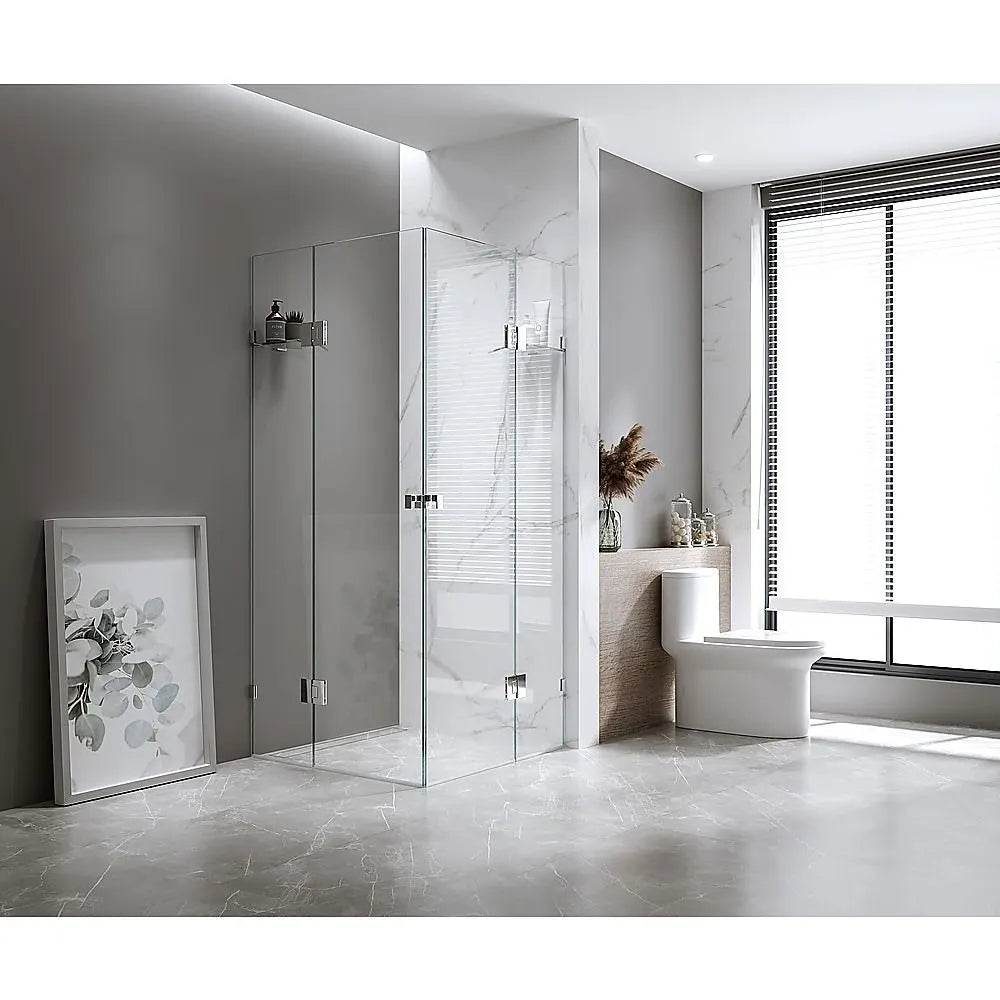 90x100cm Double Door Corner Shower Screen – Black U-Brackets, SS Hinges & Square Double Pull Handle
