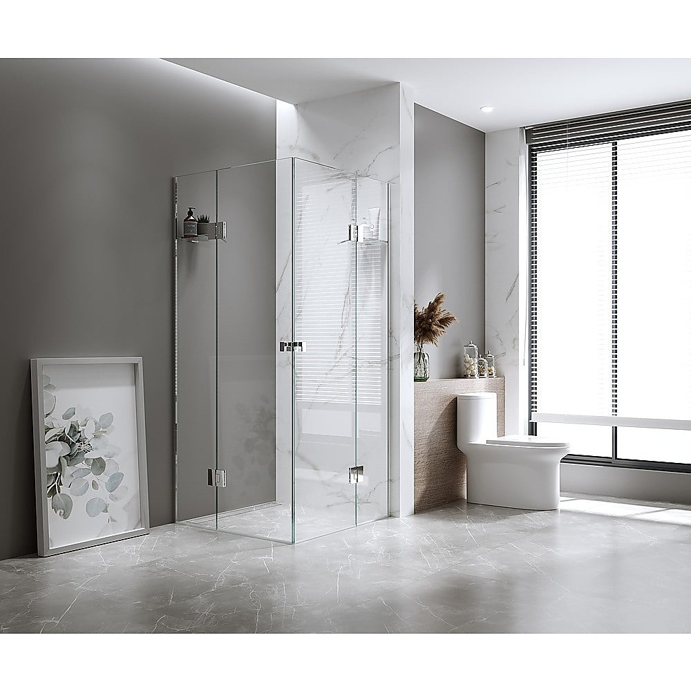 110x110cm Double Door Corner Shower Screen – Wall Channels with SS Hinges in Gold, Square Knob Handle