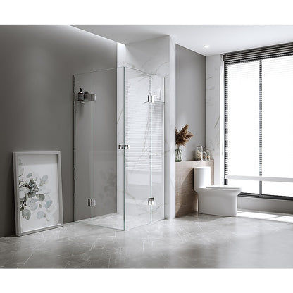 120x120cm Double Door Corner Shower Screen – Wall Channels with SS Hinges in Gold, Square Knob Handle
