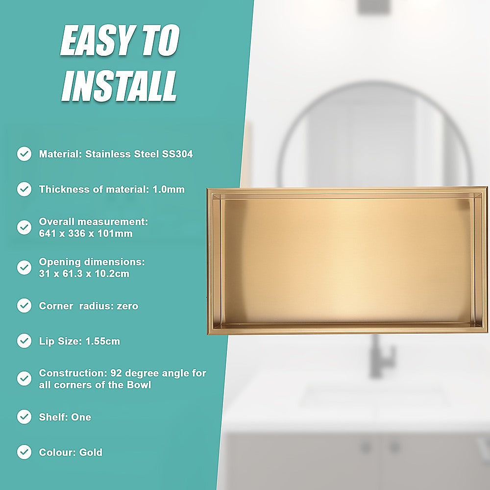 641 x 336 x 101mm Shower Niche Single Shelf Organizer No Tile Needed in Gold - Image 9