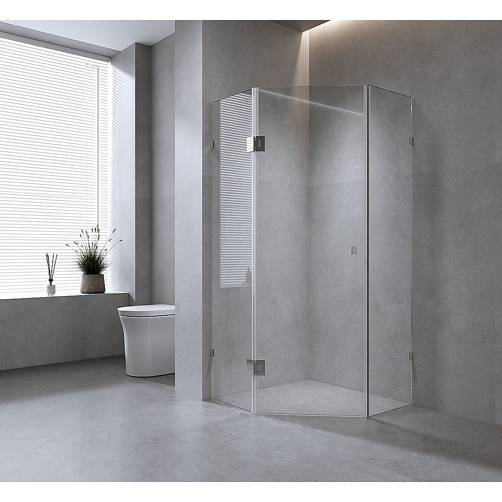 100cm Frameless Diamond Shower Screen – Gunmetal F-Brackets, Brass Hinges & Square Knob Handle