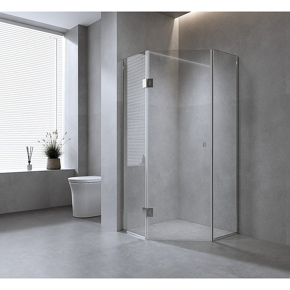 100cm Frameless Diamond Shower Screen – Channels with Brass Hinges in Gunmetal, Square Knob Handle