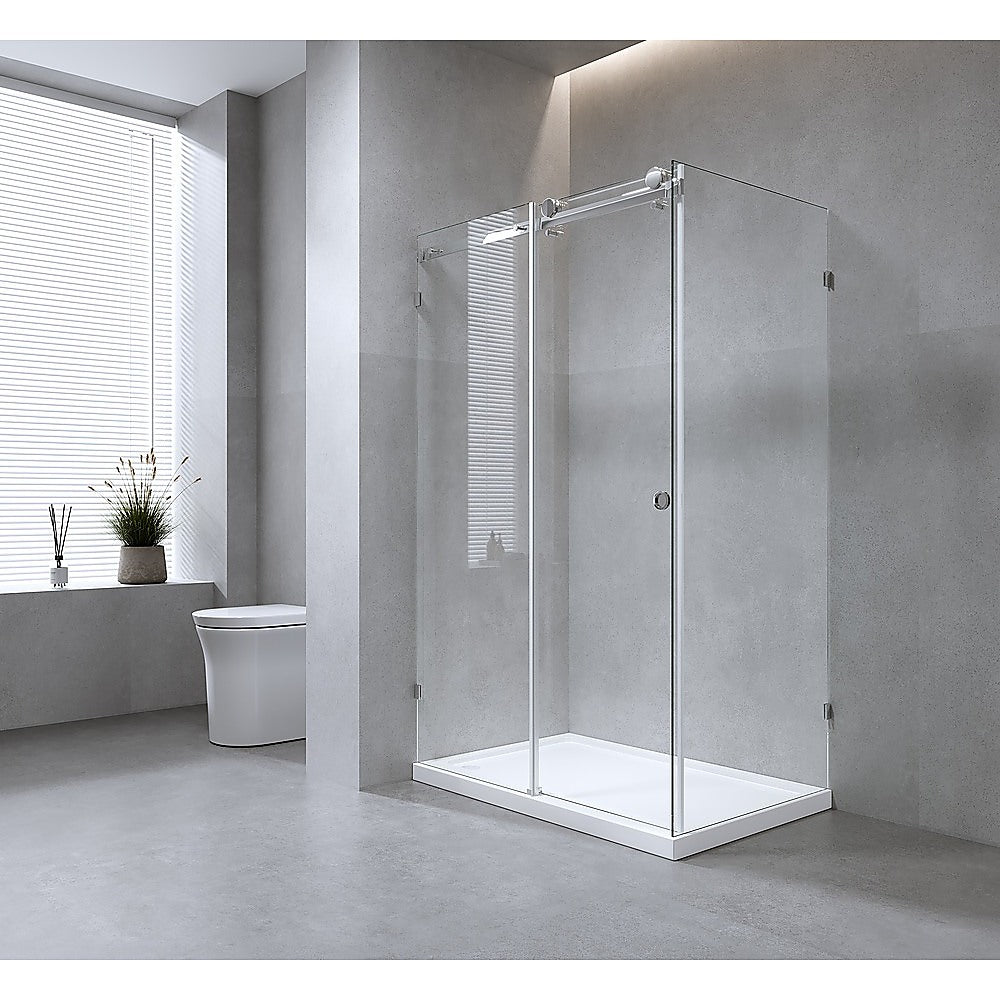 140x90cm Frameless Glass Sliding Corner Shower – With Chrome Rail and Wall Channel for Contemporary Bathrooms