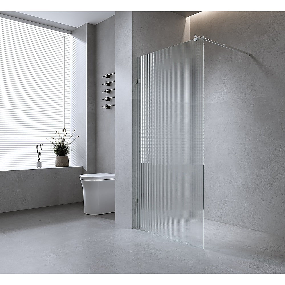 80cm Reeded Glass Shower Screen with Black U-Brackets and Round Pole - Image 2