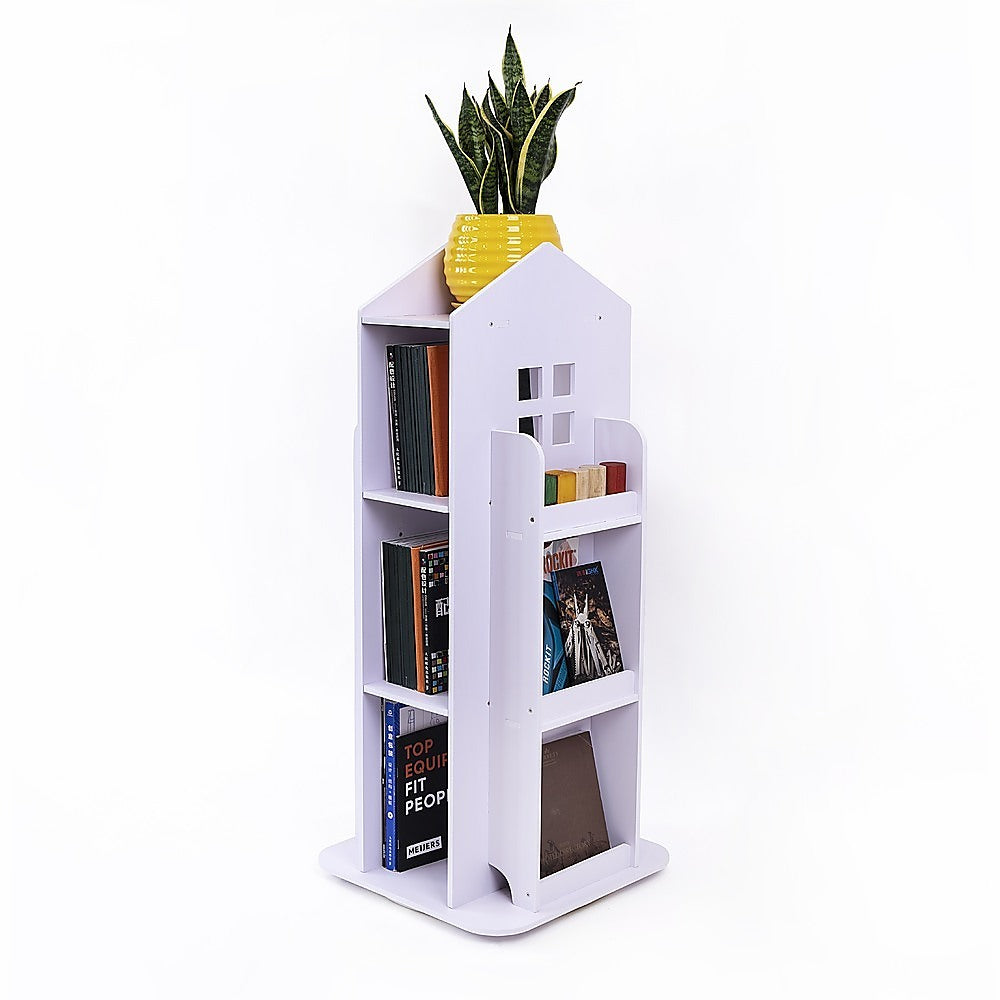 Rotating Bookcase Bookshelf Kid's Book Organiser Rack Wooden Castle Display Shelf - Image 3