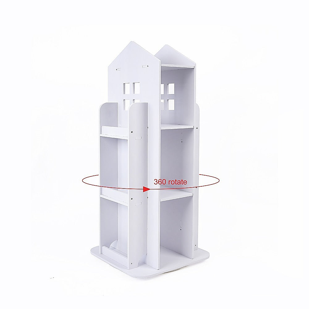 Rotating Bookcase Bookshelf Kid's Book Organiser Rack Wooden Castle Display Shelf - Image 4
