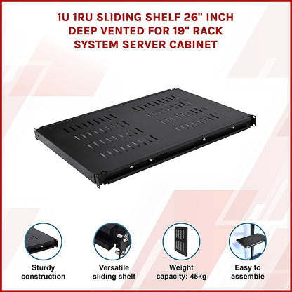 1U Sliding Server Rack Shelf 26 Inch Deep Vented for 19 Inch Cabinet - Image 2