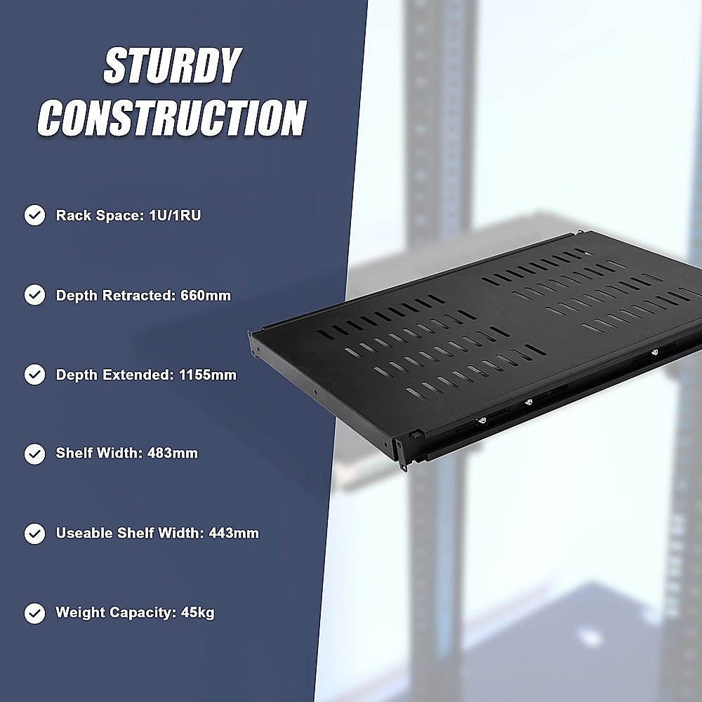 1U Sliding Server Rack Shelf 26 Inch Deep Vented for 19 Inch Cabinet - Image 8
