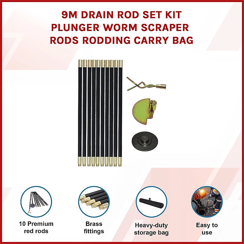 9m Drain Rod Set Kit Plunger Worm Scraper Cleaning Rods Rodding Carry Bag - Image 9