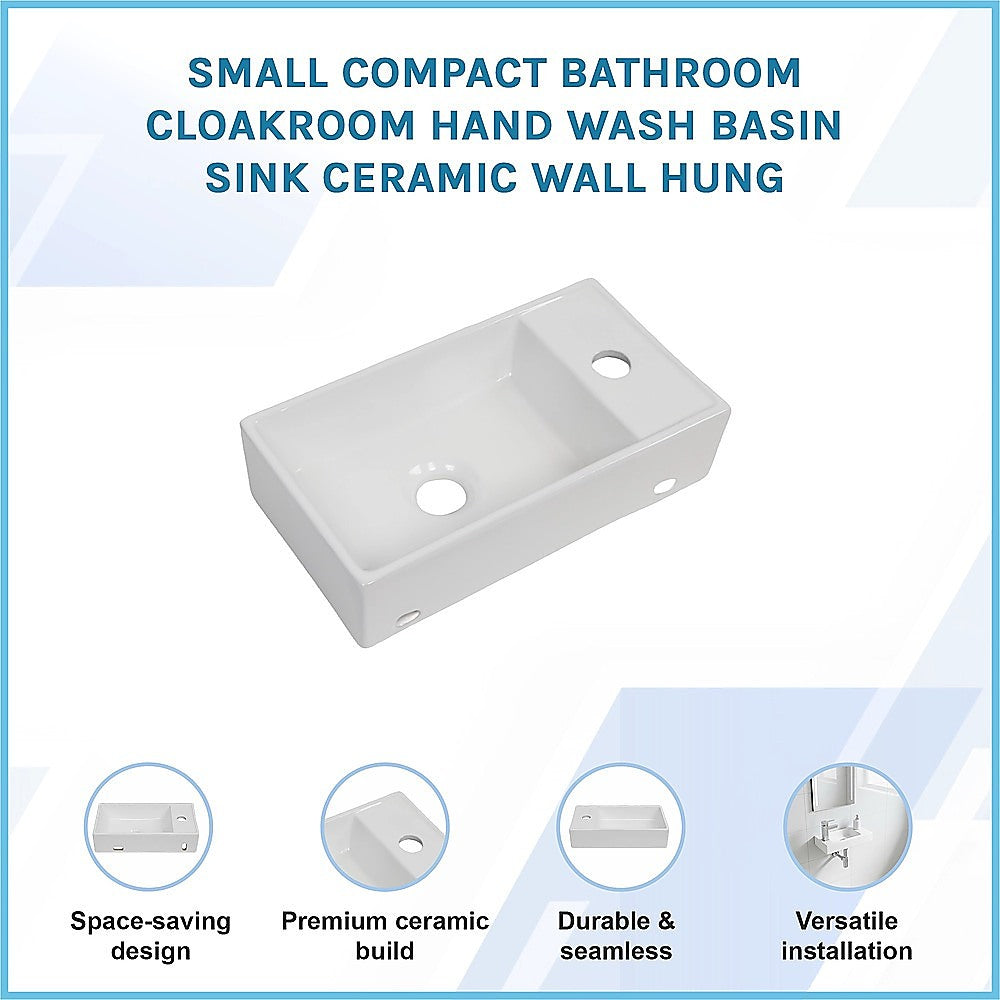 Small Compact Bathroom Cloakroom Hand Wash Basin Sink Ceramic Wall Hung - Image 2
