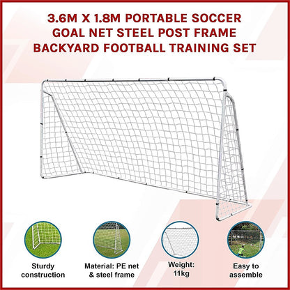 3.6m x 1.8m Portable Soccer Goal Net Steel Post Frame Backyard Football Training Set - Image 2