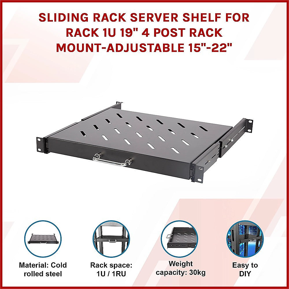 Sliding Rack Server Shelf 1U 19" 4 Post Mount – Adjustable 15" to 22" Rack Tray - Image 3