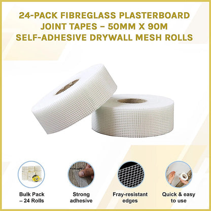 24-Pack Fibreglass Plasterboard Joint Tapes – 50mm x 90m Self-Adhesive Drywall Mesh Rolls - Image 3