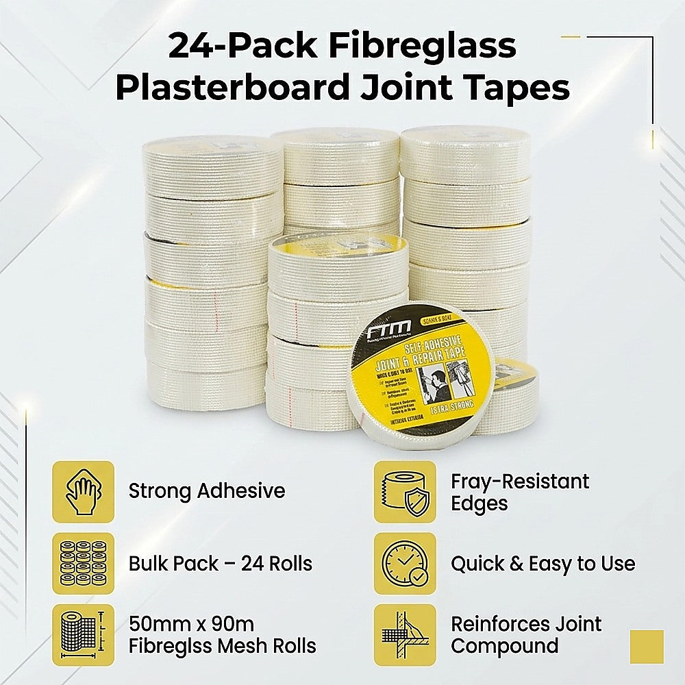 24-Pack Fibreglass Plasterboard Joint Tapes – 50mm x 90m Self-Adhesive Drywall Mesh Rolls - Image 9