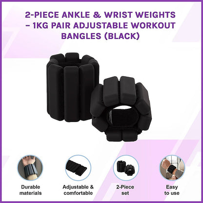 2-Piece Ankle & Wrist Weights – 1kg Pair Adjustable Workout Bangles (Black) - Image 3
