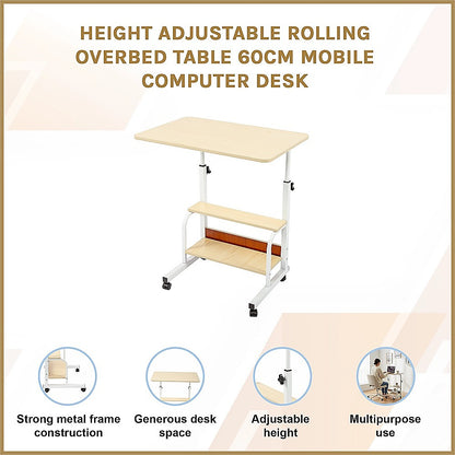 Height Adjustable Rolling Overbed Table 60cm Mobile Computer Desk - Image 3