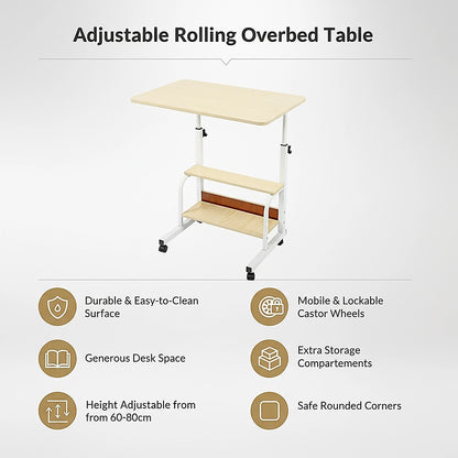 Height Adjustable Rolling Overbed Table 60cm Mobile Computer Desk - Image 9