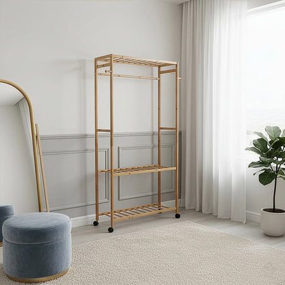 Wooden Clothes Rail with Shelves & Wheels – Open Wardrobe Rack Stand - Image 2