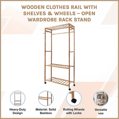 Wooden Clothes Rail with Shelves & Wheels – Open Wardrobe Rack Stand - Image 3