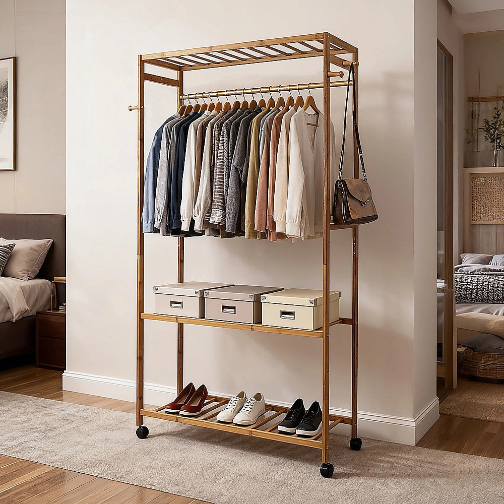 Wooden Clothes Rail with Shelves & Wheels – Open Wardrobe Rack Stand - Image 5