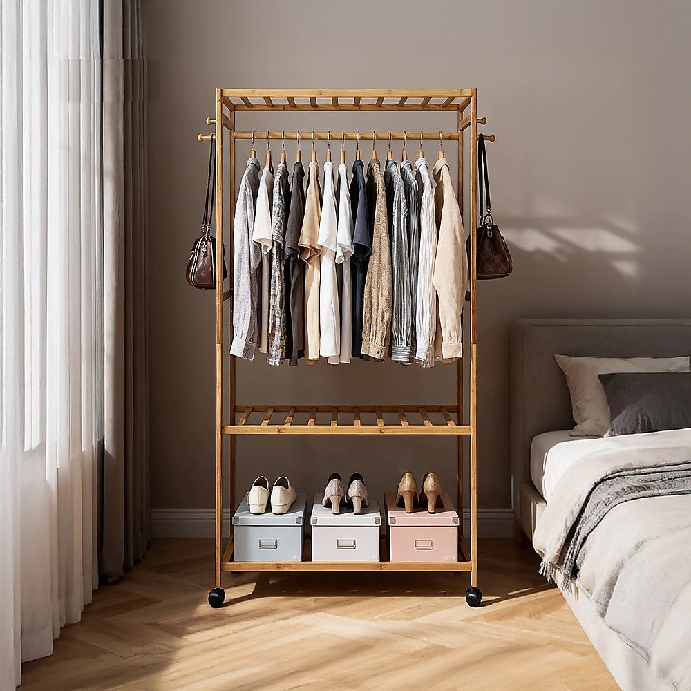 Wooden Clothes Rail with Shelves & Wheels – Open Wardrobe Rack Stand - Image 7