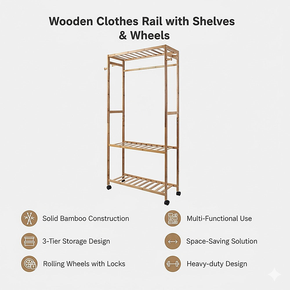 Wooden Clothes Rail with Shelves & Wheels – Open Wardrobe Rack Stand - Image 9
