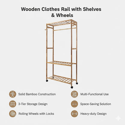 Wooden Clothes Rail with Shelves & Wheels – Open Wardrobe Rack Stand - Image 9