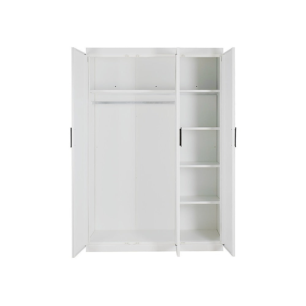 3 Door White Wardrobe – Black Handles, Hanging Rail & Shelves - Image 2