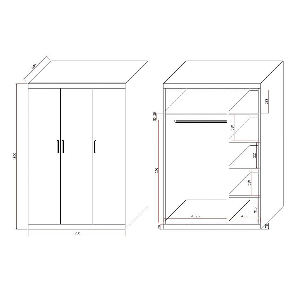 3 Door White Wardrobe – Black Handles, Hanging Rail & Shelves - Image 8
