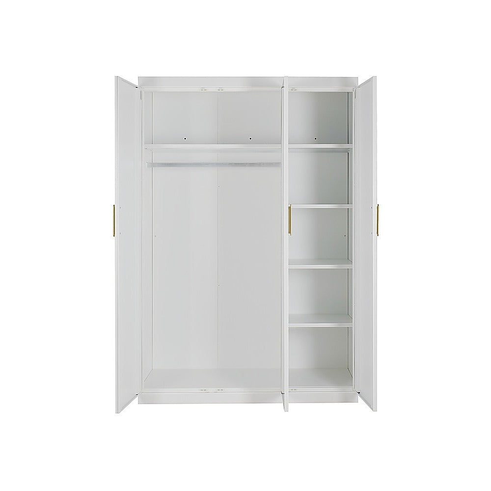 3 Door White Wardrobe – Gold Handles, Hanging Rail & Shelves - Image 3