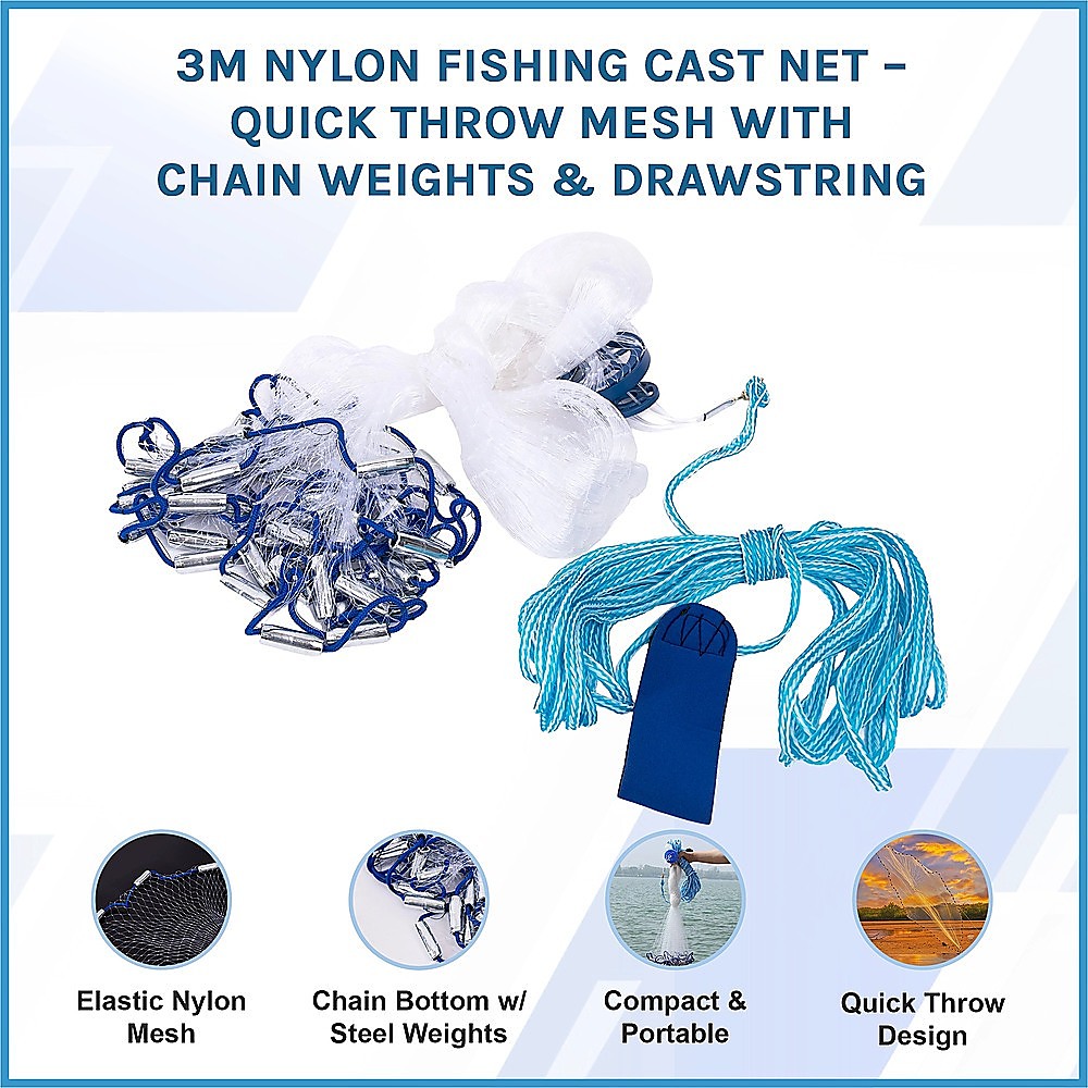 3m Nylon Fishing Cast Net – Quick Throw Mesh with Chain Weights & Drawstring - Image 3