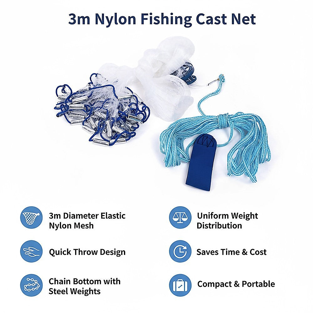 3m Nylon Fishing Cast Net – Quick Throw Mesh with Chain Weights & Drawstring - Image 9