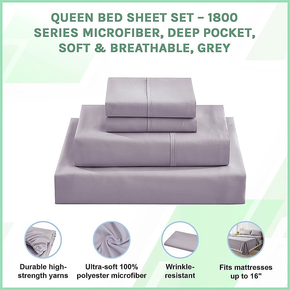 Queen Bed Sheet Set – 1800 Series Microfiber, Deep Pocket, Soft & Breathable, Grey - Image 3
