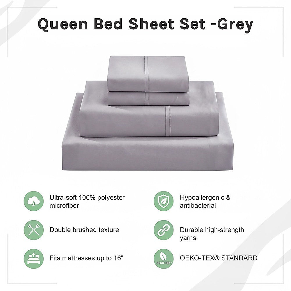 Queen Bed Sheet Set – 1800 Series Microfiber, Deep Pocket, Soft & Breathable, Grey - Image 8