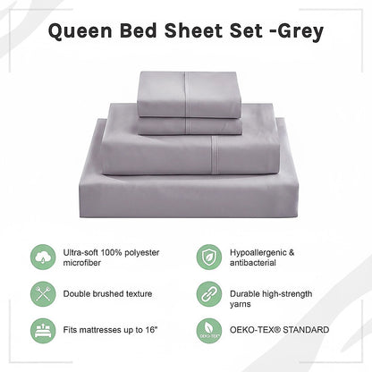 Queen Bed Sheet Set – 1800 Series Microfiber, Deep Pocket, Soft & Breathable, Grey - Image 8