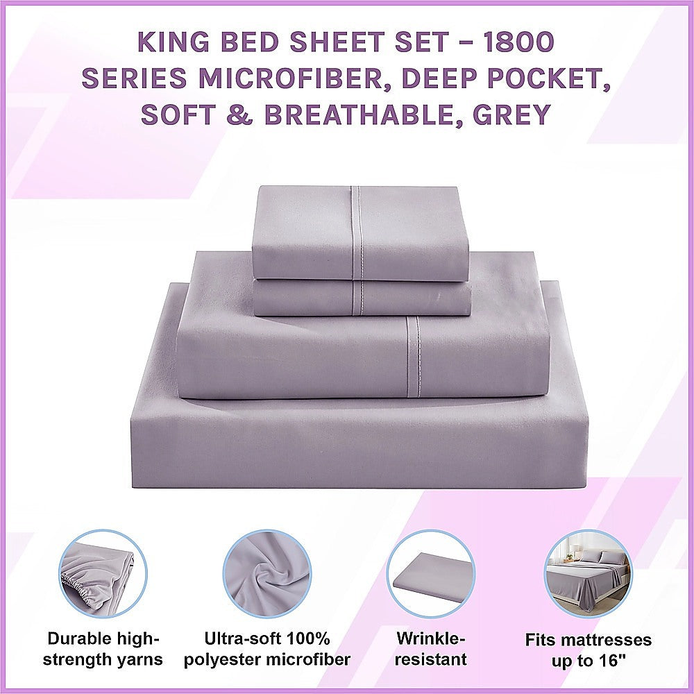 King Bed Sheet Set – 1800 Series Microfiber, Deep Pocket, Soft & Breathable, Grey - Image 3
