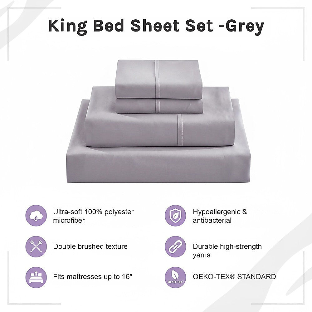 King Bed Sheet Set – 1800 Series Microfiber, Deep Pocket, Soft & Breathable, Grey - Image 8