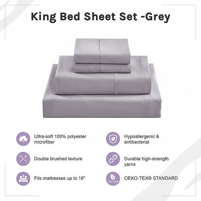 King Bed Sheet Set – 1800 Series Microfiber, Deep Pocket, Soft & Breathable, Grey - Image 8