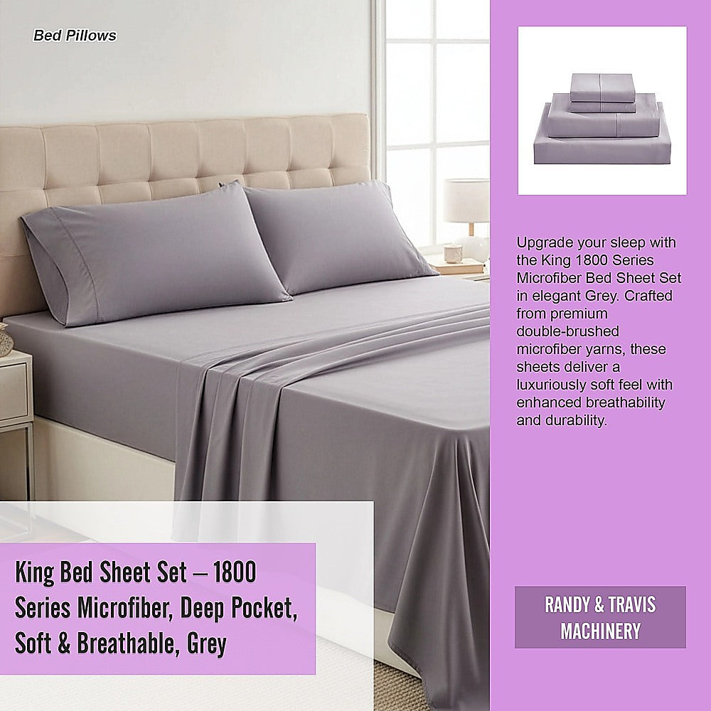 King Bed Sheet Set – 1800 Series Microfiber, Deep Pocket, Soft & Breathable, Grey - Image 9