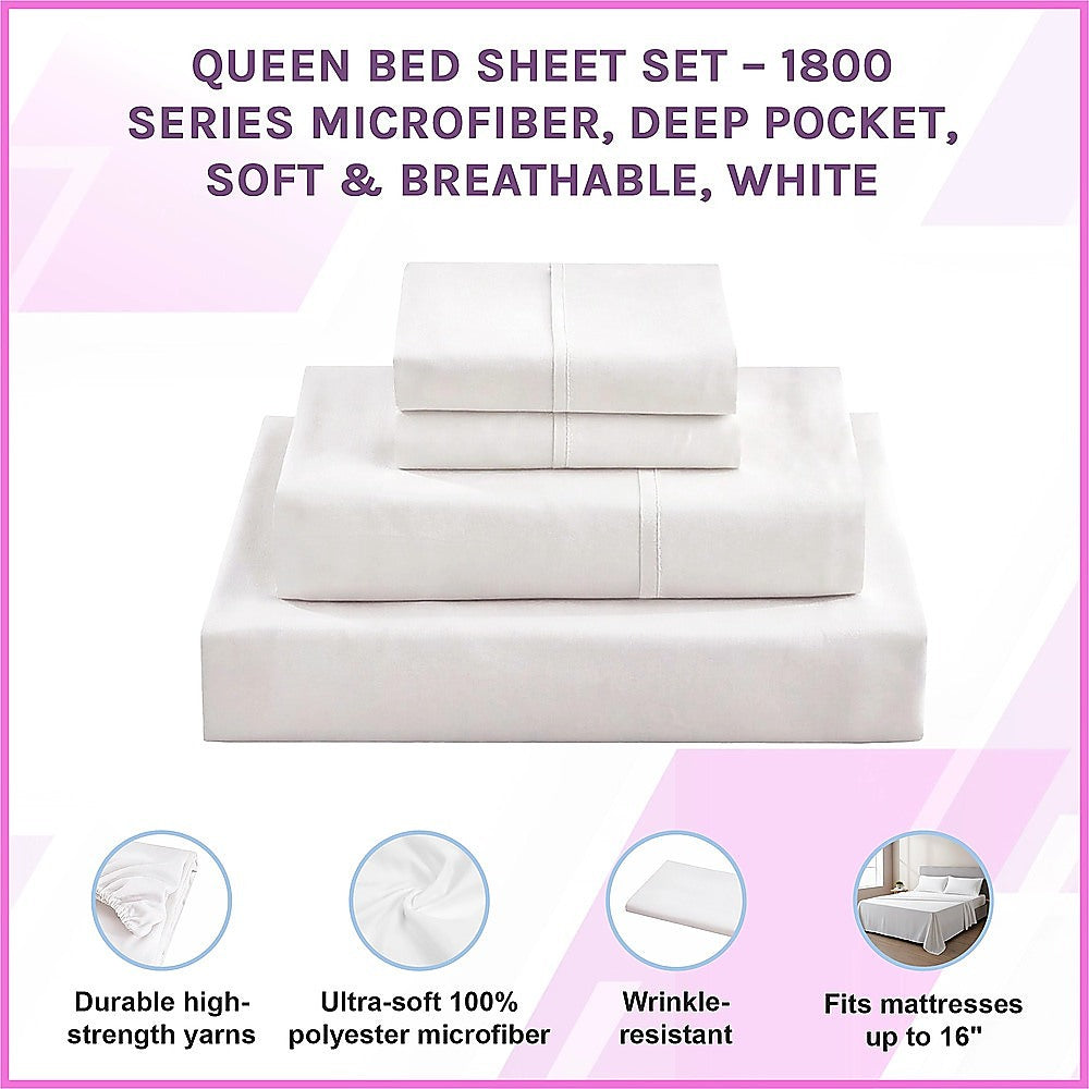 Queen Bed Sheet Set – 1800 Series Microfiber, Deep Pocket, Soft & Breathable, White - Image 2