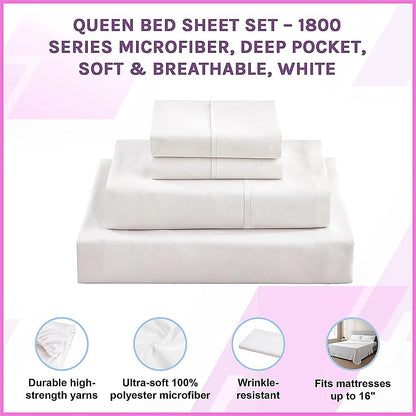Queen Bed Sheet Set – 1800 Series Microfiber, Deep Pocket, Soft & Breathable, White - Image 2