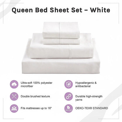Queen Bed Sheet Set – 1800 Series Microfiber, Deep Pocket, Soft & Breathable, White - Image 8