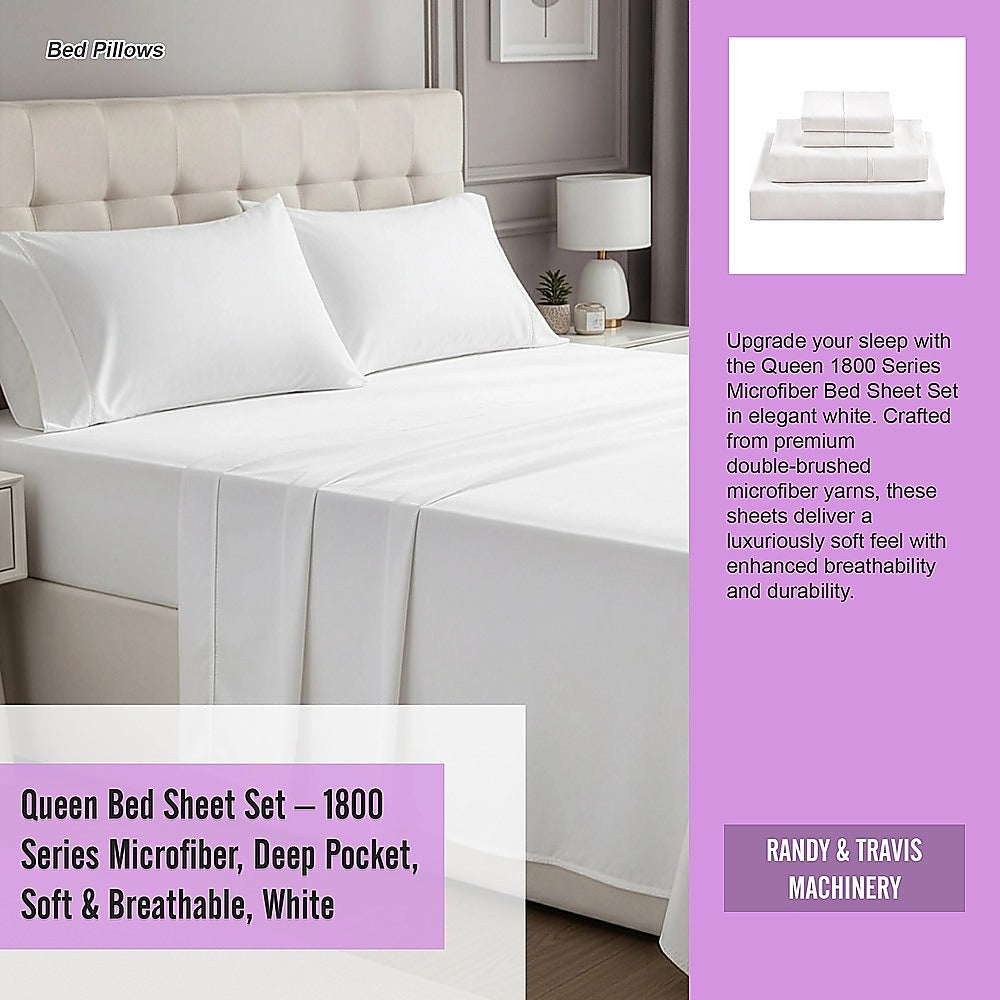 Queen Bed Sheet Set – 1800 Series Microfiber, Deep Pocket, Soft & Breathable, White - Image 9