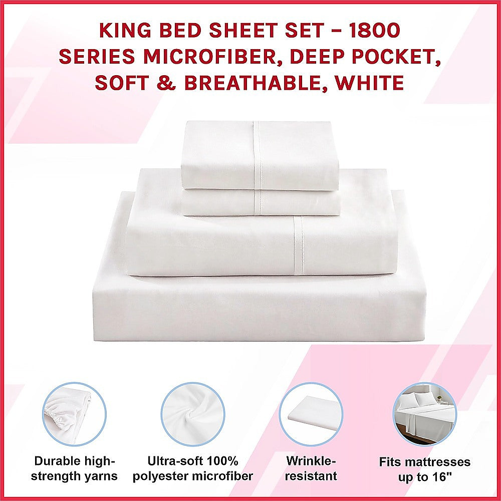 King Bed Sheet Set – 1800 Series Microfiber, Deep Pocket, Soft & Breathable, White - Image 3