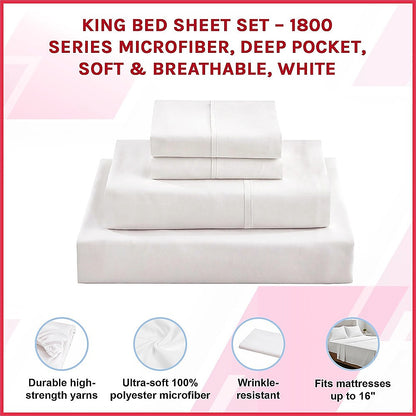 King Bed Sheet Set – 1800 Series Microfiber, Deep Pocket, Soft & Breathable, White - Image 3